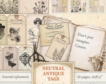 Vintage neutrala etiketter och kort för enkla dagboksinlägg och scrapbooking | Digital nedladdning | 154