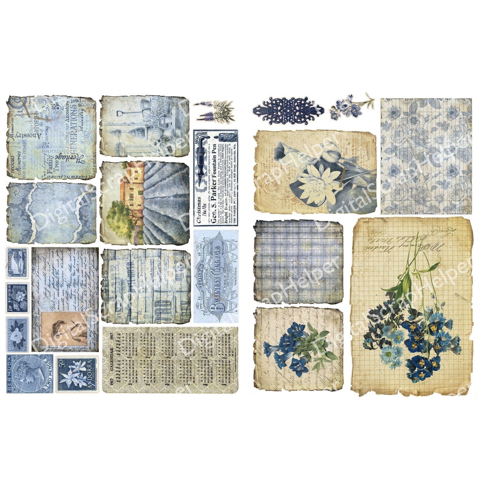 Vintage Blue Junk Journal Ephemera Printable of 15 Sheets Vintage ...