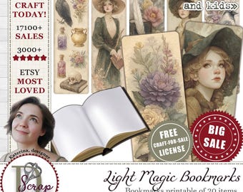 Könnte beinhalten: Druckbare Lesezeichen mit Vintage-Illustrationen, darunter botanische Designs, Porträts und ein Rabe. Das Bild enthält den Text "Light Magic Bookmarks" und "Craft kits for adults and kids". Ein offenes Buch befindet sich im Vordergrund.