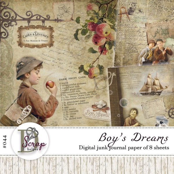 Boys junk journal paper pack of 8 sheets Vintage Memory Boys Mens junk journal supplies #044