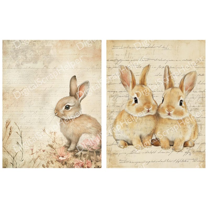 Scrappy Rabbit Cute Rabbit Ledger Paper Printable 12 Sheets Scrappy Bunny French ...
