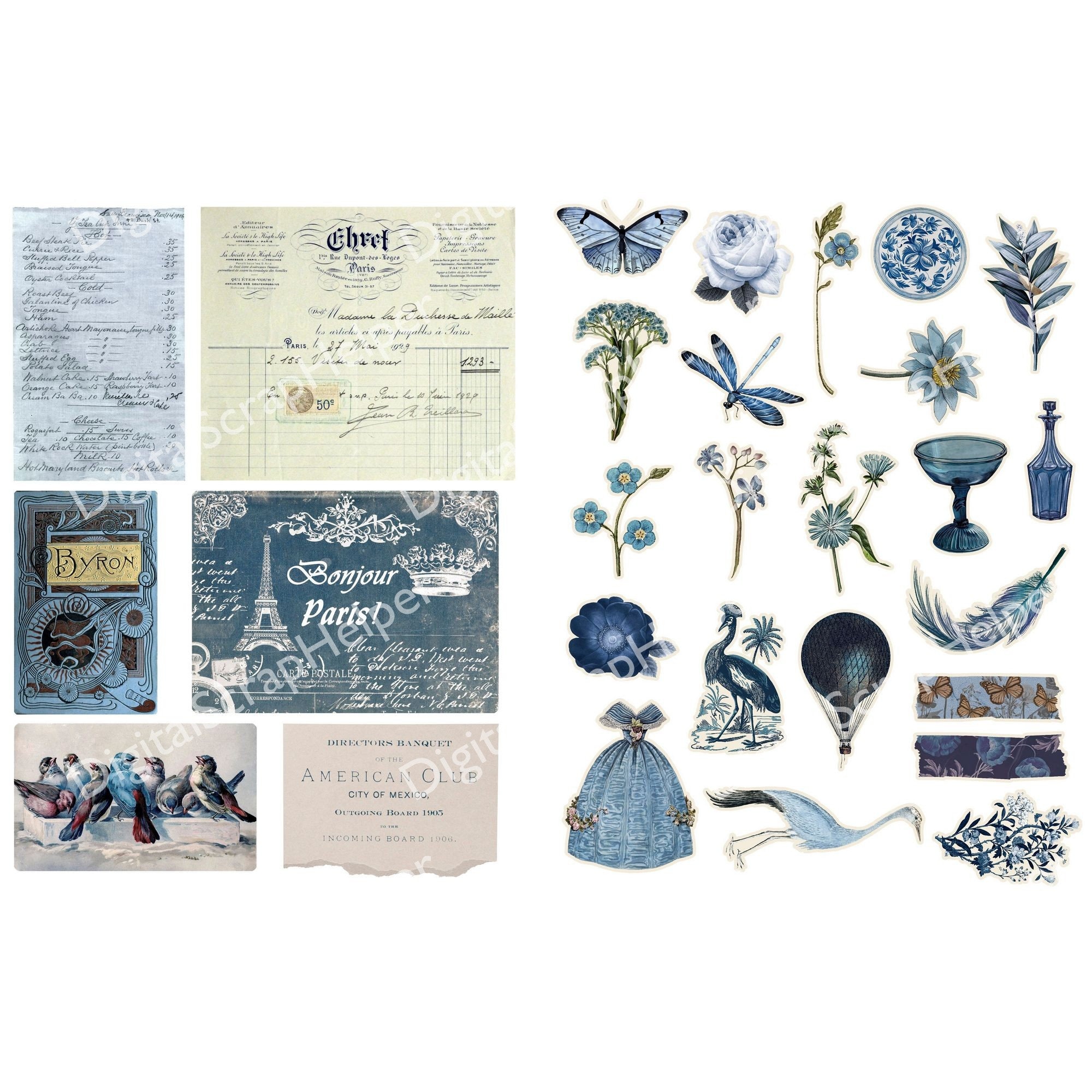 Vintage Blue Junk Journal Ephemera Printable of 15 Sheets Vintage ...