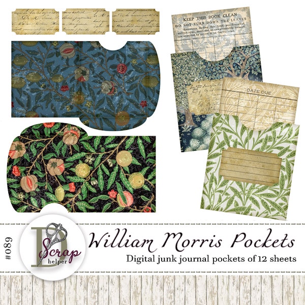 William Morris junk journal pockets printable pack of 12 sheets Vintage Antique Sabby chic Floral Botanical junk journal supplies #089