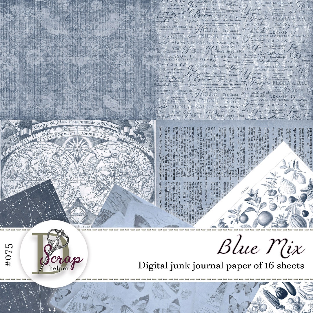【一部予約販売中】 Vintage Sheets 16 of Printable Pack Paper Journal Junk Blue コレクション