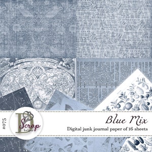Vintage Junk Journal Papier Pack mit 16 Blättern Blau Blau Muster Junk Journal Papier #075
