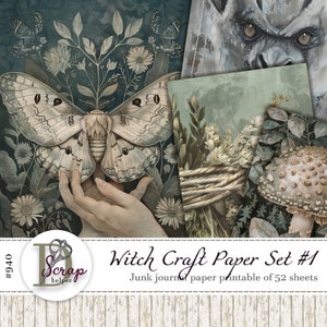 May include: A set of 52 printable digital papers featuring a witchy theme. The papers include images of a moth, flowers, mushrooms, and a basket. The papers are perfect for scrapbooking, card making, and other crafting projects. #940 Scrap helper Witch Craft Paper Set #1 Junk journal paper printable of 52 sheets