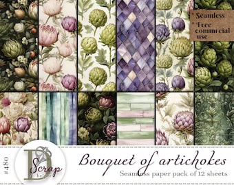 Artichoke watercolor seamless pattern paper for nonna chic decor and slow crafting | Digital download