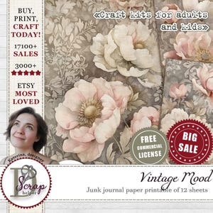 Muted floral scrapbook paper for spring collages and easter junk journals | Digital download image 1
