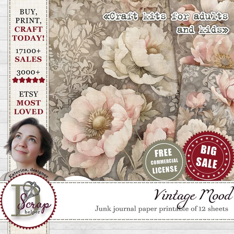 Muted floral scrapbook paper for spring collages and easter junk journals | Digital download image 1