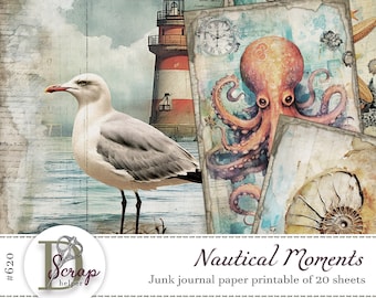 Vintage nautical junk journal papers for ocean collage sheets and sea scrapbooking | Digital download