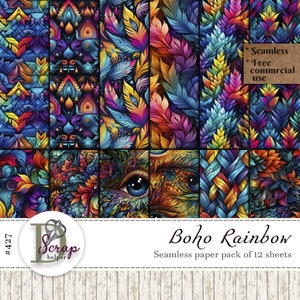 Patrón sin costuras de neón digital Boho brillante Boho psicodélico colorido arcoíris Uso comercial gratuito de 12 hojas n.° 427