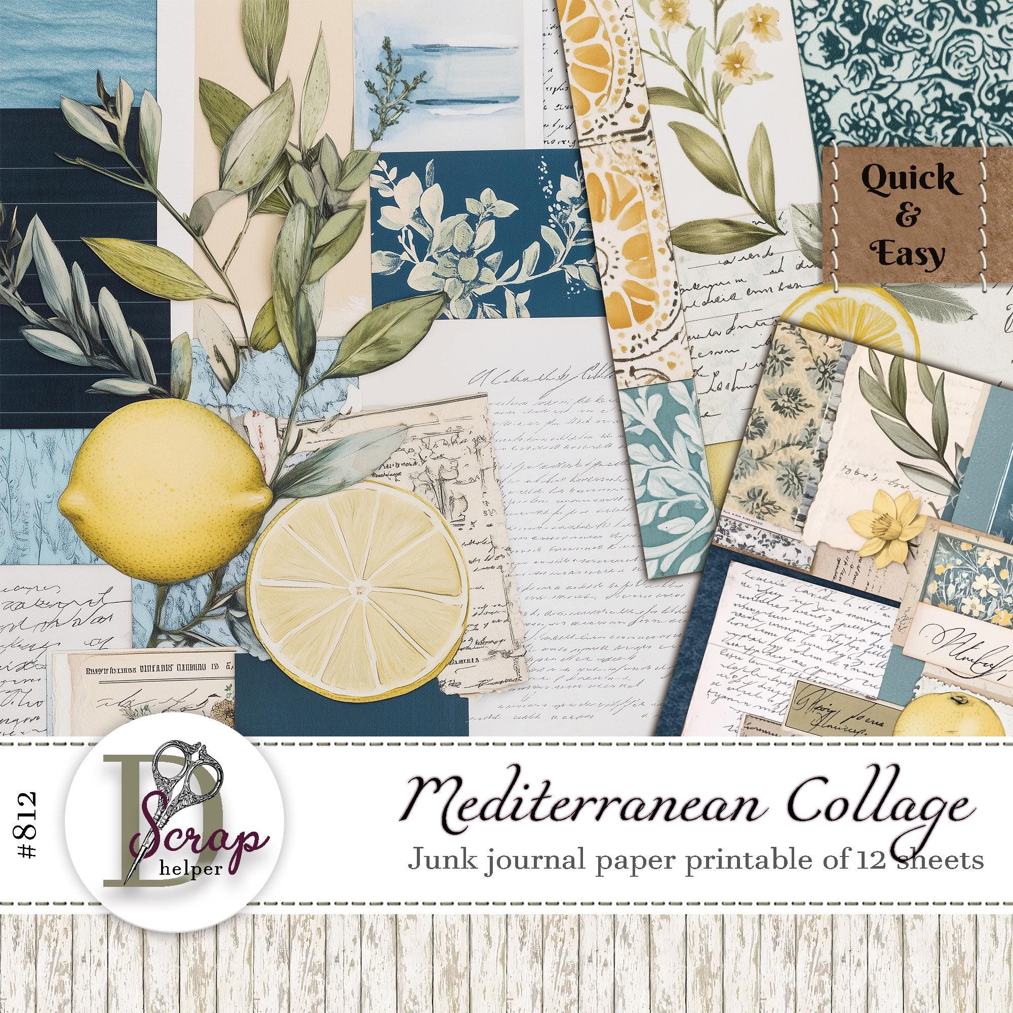 Mediterranean collage paper printable 12 sheets Scrappy Italy art print Blue and white Yellow lemon Mediterranean clipart Masterboard #812