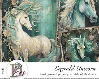 Patina blue unicorn junk journal paper for fantasy scrapbooking and slow crafting | Digital download