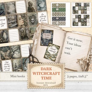 Könnte beinhalten: Eine Collage von Ephemera im Vintage-Stil mit einem dunklen Hexerei-Thema. Das Bild enthält Mini-Bücher, gemusterte Papiere und ein offenes Buch mit handschriftlichem Text. Die Farbpalette ist gedämpft mit Grautönen, Braun und Blau. Der Text enthält "Dark Witchcraft Time" und "Instant download".