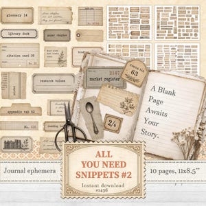 May include: A collection of vintage-style journal ephemera, including tags, labels, and paper snippets. The image features a variety of designs, such as a market register tag, a cocoa tin label, and a page with the text "A Blank Page Awaits Your Story."