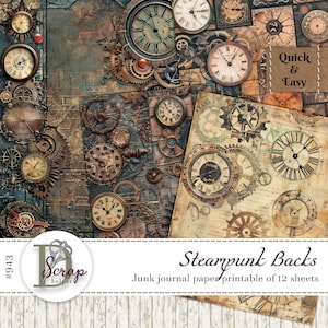 Könnte beinhalten: Ein digitales Papierpaket mit Steampunk-Thema, das eine Collage aus Vintage-Uhren, Zahnrädern und anderen mechanischen Elementen zeigt. Das Papierpaket ist druckbar und enthält 12 Blätter. Der Text "Steampunk Backs" und "Junk journal paper printable of 12 sheets" ist im Bild sichtbar.