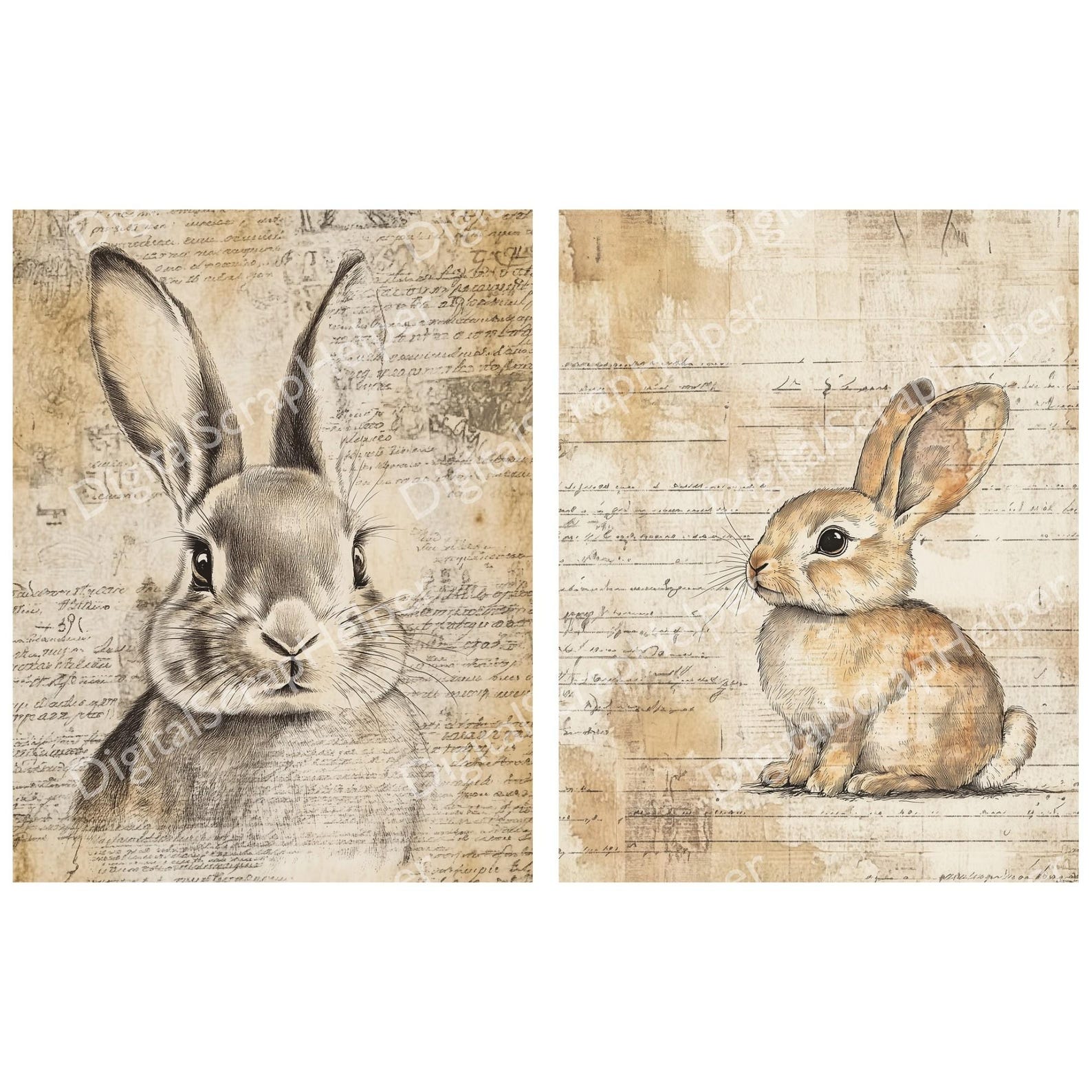 Scrappy Rabbit Cute Rabbit Ledger Paper Printable 12 Sheets Scrappy Bunny French ...