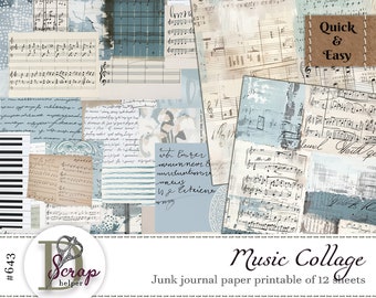 Shabby blue music collage paper printable 12 sheets Notes Music Treble clef Art Masterboard Scrappy Parchment paper Free commercial use #643