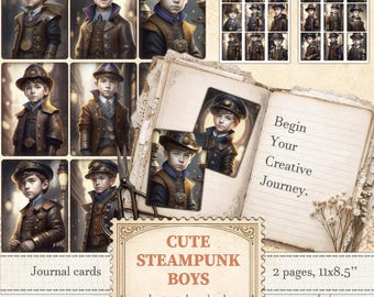 Steampunk boys cards for ATC ephemera and industrial kids journal inserts | Digital download | 355