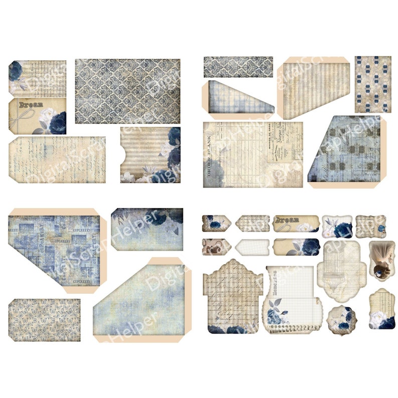 Vintage Blue Junk Journal Kit Printable of 28 Sheets Blue Shabby Chic ...