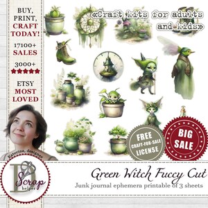 Bruxa verde com recortes delicados, material para impressão, 3 folhas, magia da floresta, fada, grimório, goblincore, fantasia, ervas, bruxaria, suprimentos para diário #371