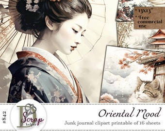 lot de cliparts aquarelle japonais vintage art mural oriental imprimable Nature paysage chinois oiseaux asiatiques Geisha Utilisation commerciale gratuite #842