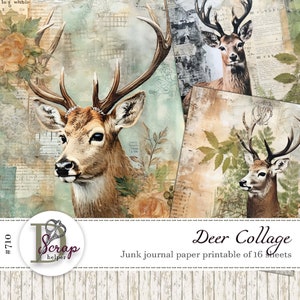 Carta per diario di scarto con cervi del bosco stampabile 16 fogli Collage di cervi Natura Estate Neutro Fauna selvatica Foresta Forniture per diario di scarto #710