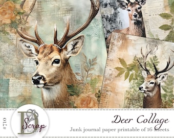 Woodland deer junk journal paper  printable 16 sheets Deer Collage Nature Summer Neutral Wildlife Forest junk journal supplies #710