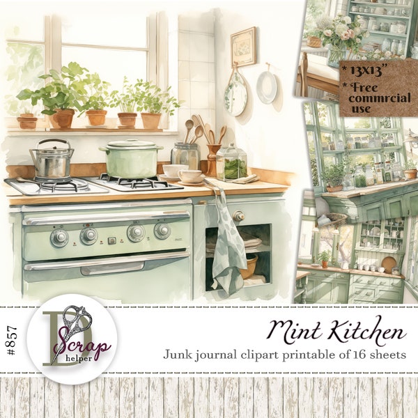 Watercolor shabby chic kitchen clipart bundle printable Rustic green kitchen Mint kitchen Retro kitchen Rustic home Free commercial use #857