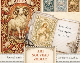 Art nouveau zodiac signs cards for astrological journals and horoscope ephemera | Digital download | 1346
