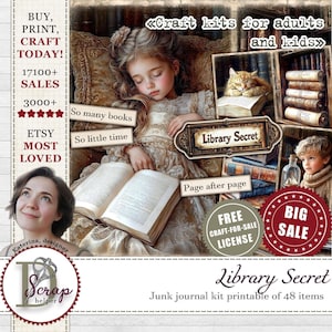 Peut inclure: Kit de journal intime numérique imprimable sur le thème vintage. L'image présente une jeune fille endormie avec un livre ouvert, entourée de livres et d'un chat. Le texte comprend "Library Secret" et "Craft kits for adults and kids."