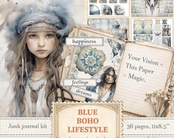 Blue boho junk journal kit for dream catcher tribal spiritual scrapbook crafting | Digital download | 443