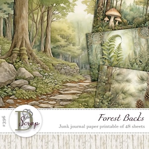Carta da parati con sfondo forestale stampabile 48 fogli Collage di boschi Natura Elfi Elfi di base Fauna selvatica Felce Foresta Forniture per diari spazzatura #396