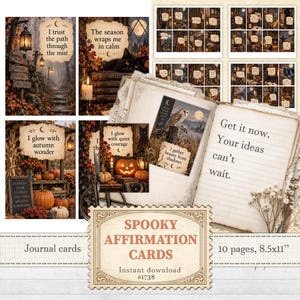May include: A collection of printable journal cards featuring autumn and spooky themes, including illustrations of pumpkins, owls, lanterns, and black cats, with inspirational text overlays like I trust the path through the mist and I gather beauty from shadows.