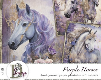 Purple fantasy horse journal papers printable 16 sheets Purple magic Fairy Celestial Lavender Rococo Horse junk journal supplies #378