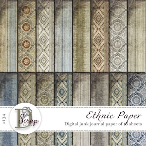 May include: A digital paper pack with 16 sheets of ethnic patterned paper. The paper has a distressed, vintage look with a variety of colors and patterns. The paper is perfect for scrapbooking, card making, and other paper crafts.