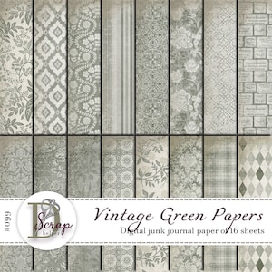 Groen papier voor ongewenste tijdschriften, afdrukbaar van 16 vellen Shabby chic Neutraal groen Antieke junk-journaalbenodigdheden #099