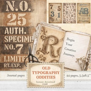 Vintage typography background paper set for basic ephemera and neutral scrapbooking | Digital download | 1336