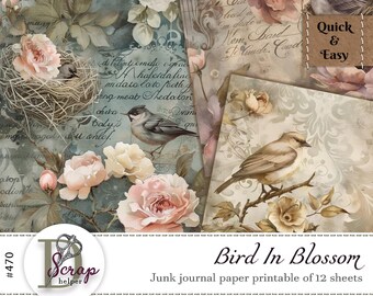 Bird and blossom collage paper for parchment junk journals and scrapbooking | Digital download | 470