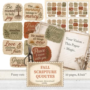 May include: A collection of printable paper ephemera featuring autumn-themed scripture quotes with torn edges, displayed alongside a notebook and scissors. The text includes phrases like Be rooted in holy joy, Hope in the Lord, and Peace I leave with you, with a note stating Your Vision + This Paper = Magic and 10 pages, 21.6x27.9 cm.