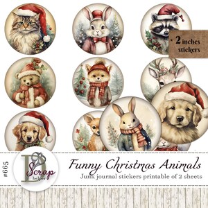 Vintage kerstdieren 2 inch cirkels stickers afdrukbaar 2 vellen december dagelijks advent kerst cupcake toppers dagboek benodigdheden #665
