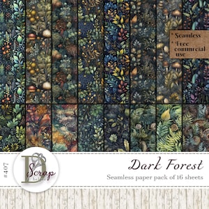 Papier numérique sans couture forêt sombre Arbres Cônes Fougères Feuilles Nature Herbes des bois Fleurs sauvages Utilisation commerciale gratuite de 16 feuilles #407
