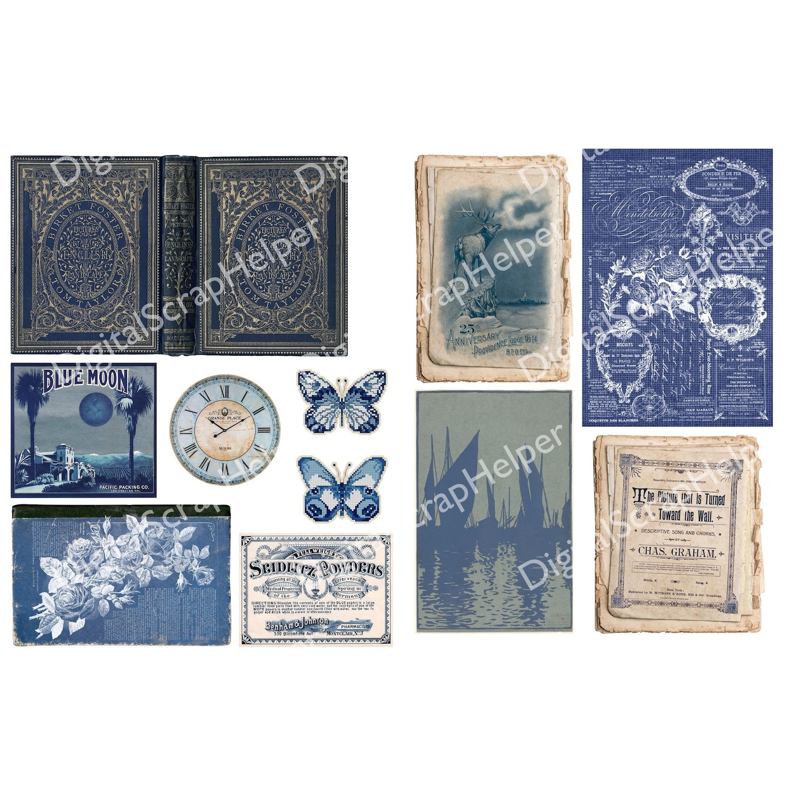 Vintage Blue Junk Journal Ephemera Printable of 15 Sheets Vintage ...