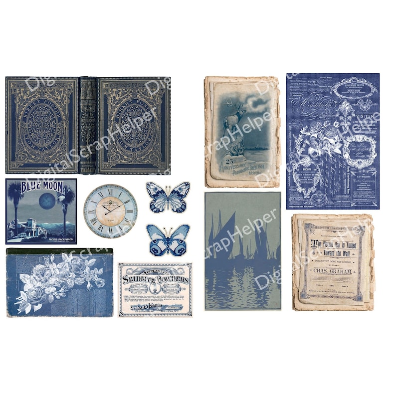 flea market ephemera, floral ephemera, shabby chic ephemera, botanical ephemera, antique ephemera, shabby junk journal, blue ephemera, shabby chic journal, blue shabby chic, blue digital paper, blue junk journal, vintage blue journal
