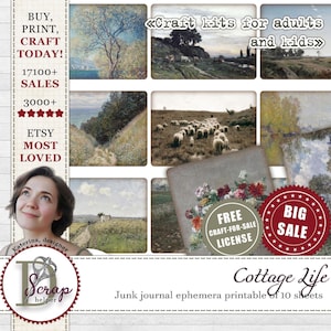 Cottage junk journal cards printable of 10 sheets ATC cards Cottagecore Shabby Country life Cottage core Vintage junk journal supplies #263