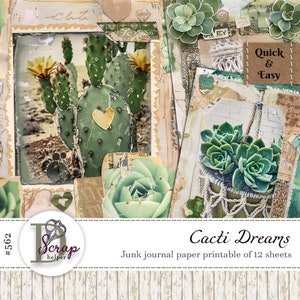 Papier collage pour journal de bordel de cactus, imprimable 12 feuilles Masterboard Scrappy Cactus Plantes succulentes Papier parchemin Utilisation commerciale gratuite #562
