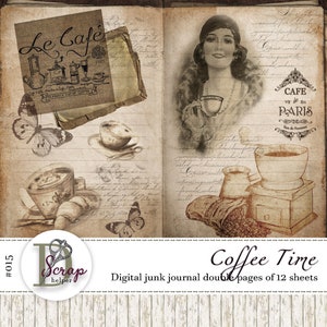 Diario basura de café vintage, páginas dobles imprimibles, 12 hojas, cafetera Shabby Barista Cafe, regalo de recuerdo de café, suministros para diario basura #015