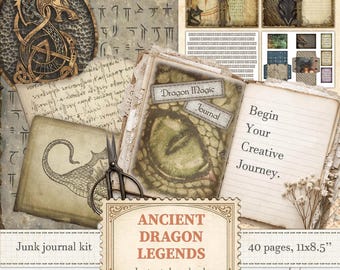 Epic dragon junk journal kit for Medieval fantasy collages and scrapbooking | Digital download | 284
