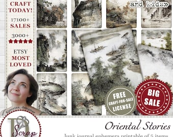Japanese junk journal cards for oriental ATC ephemera and scrapbooking | Digital download