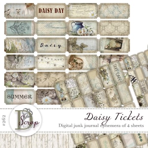 Vintage Tickets zum Ausdrucken von 4 Bögen Antik Retro Alt Cottage Cottagecore Floral Gänseblümchen Junk Journal # 262